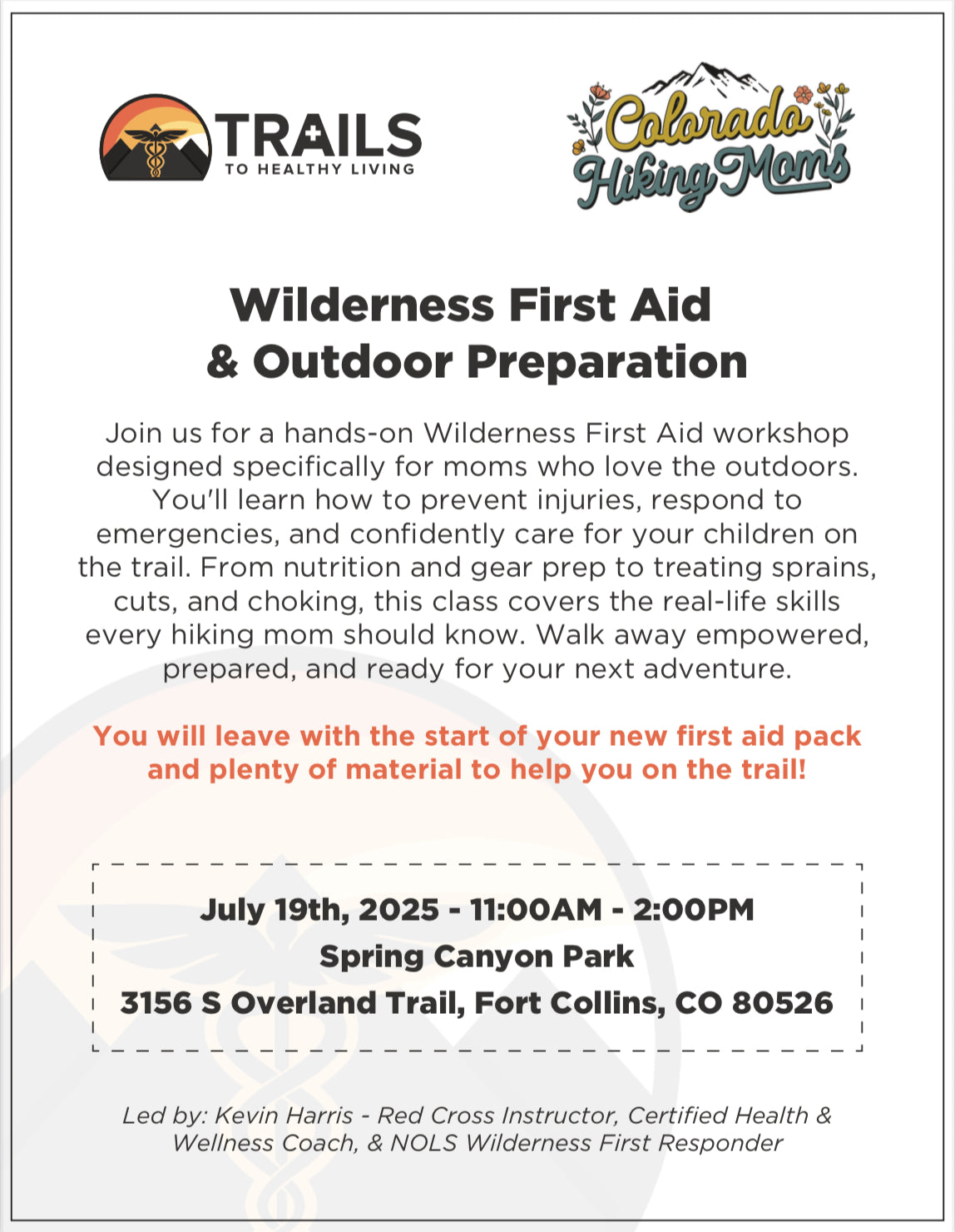 Wilderness First Aid Workshop with Trails for Healthy Living on July 19th in Fort Collins